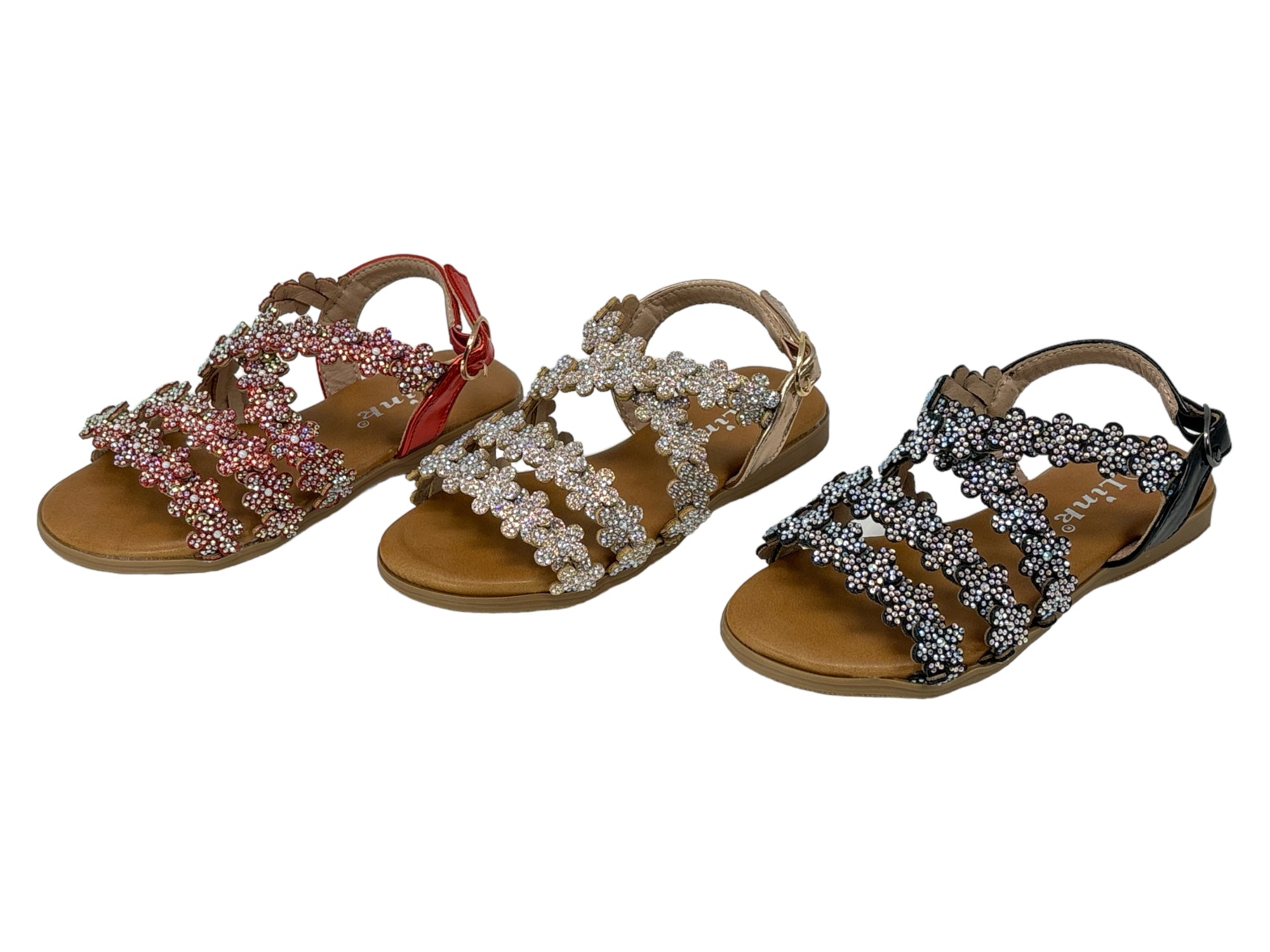 Little Girls' Open Toe Sandals with Rhinestone Flower Accents