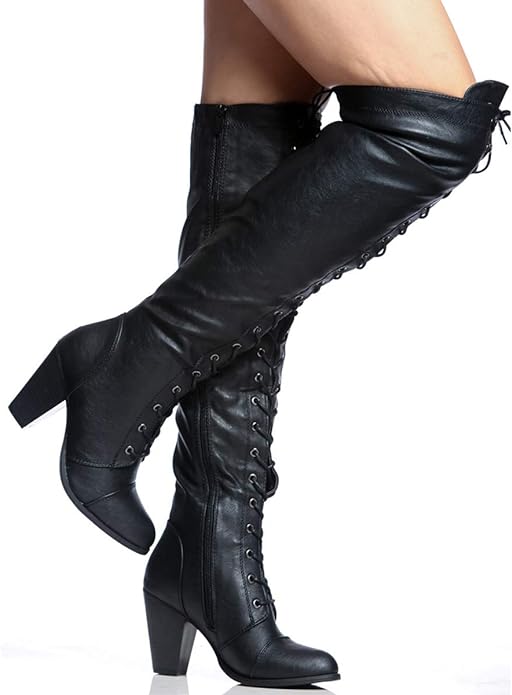 Women&#39;s over the knee chunky heel leather lace up/zip up boots