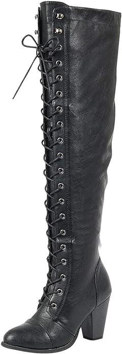 Women&#39;s over the knee chunky heel leather lace up/zip up boots