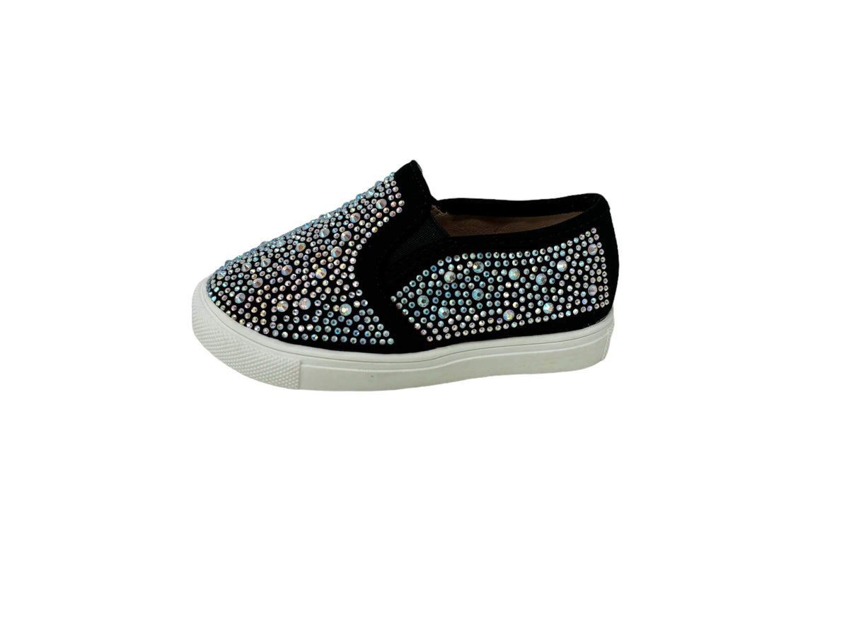 kids shoes made with canvas and rhinestones that are flat and slip on. Black