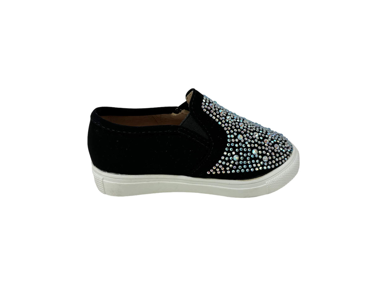 kids shoes made with canvas and rhinestones that are flat and slip on. Black