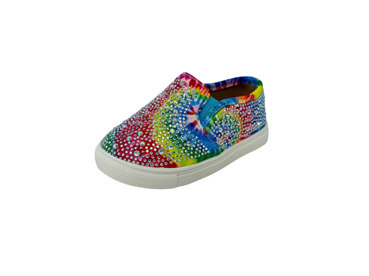 kids shoes made with canvas and rhinestones that are flat and slip on. Blue tie dye.