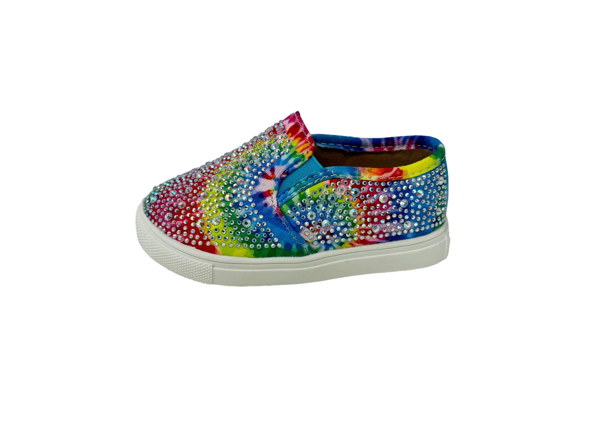 kids shoes made with canvas and rhinestones that are flat and slip on. Blue tie dye.