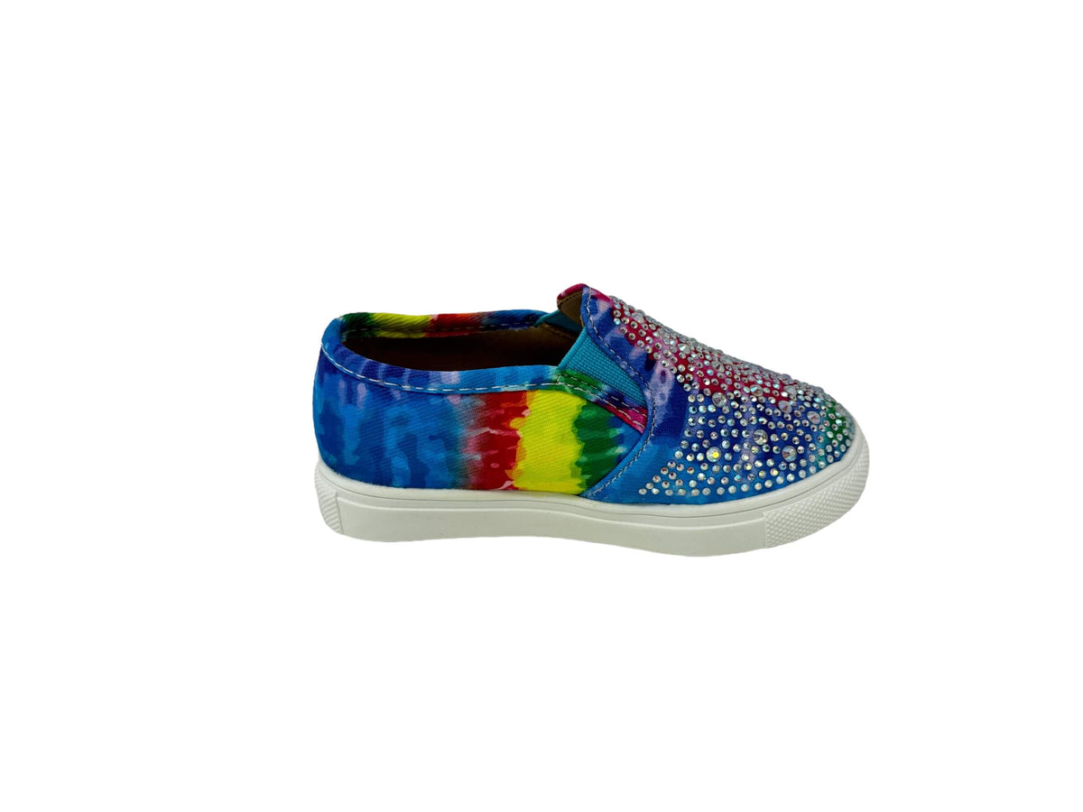 kids shoes made with canvas and rhinestones that are flat and slip on. Blue tie dye.