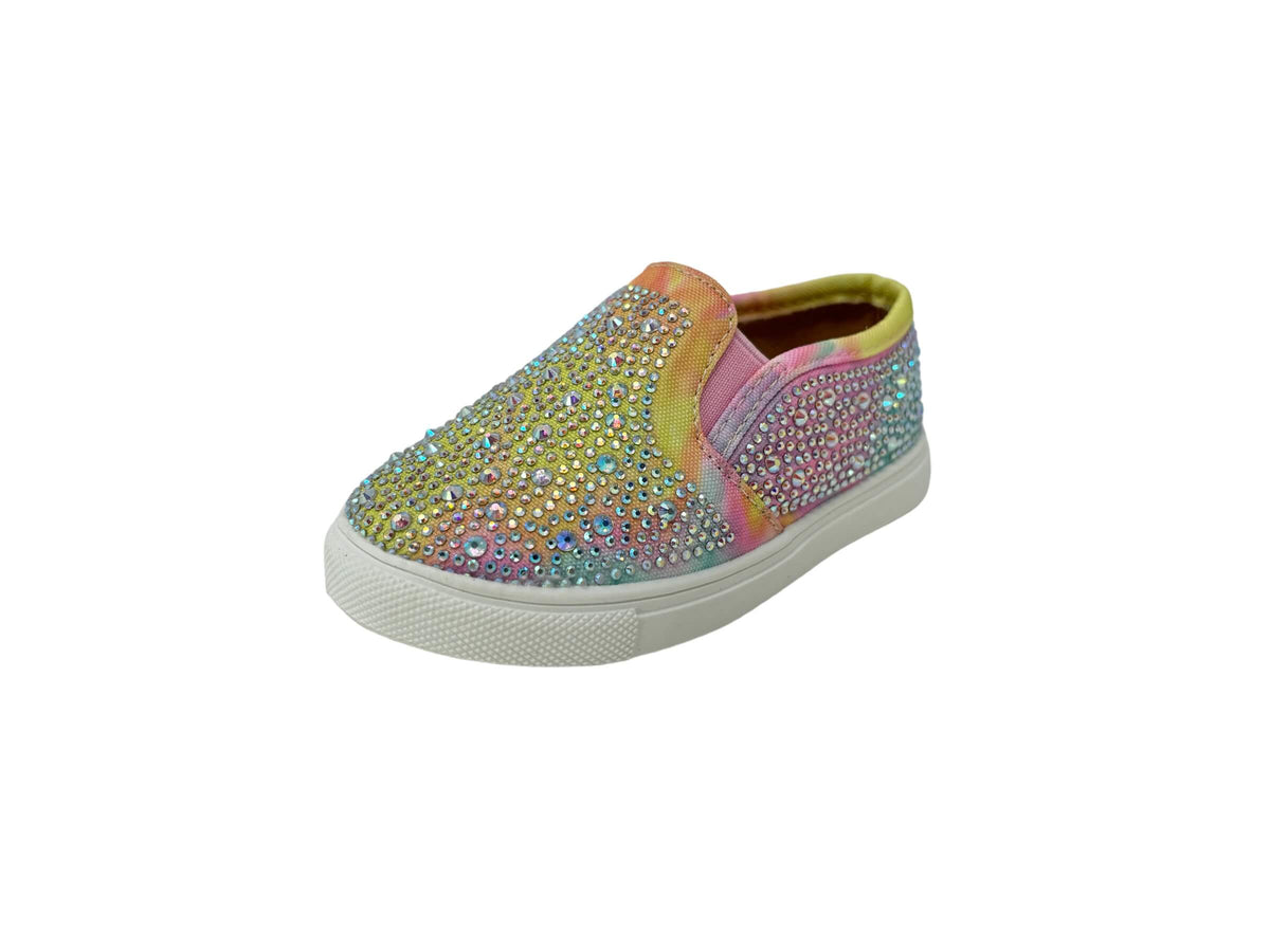 kids shoes made with canvas and rhinestones that are flat and slip on. Pink tie dye