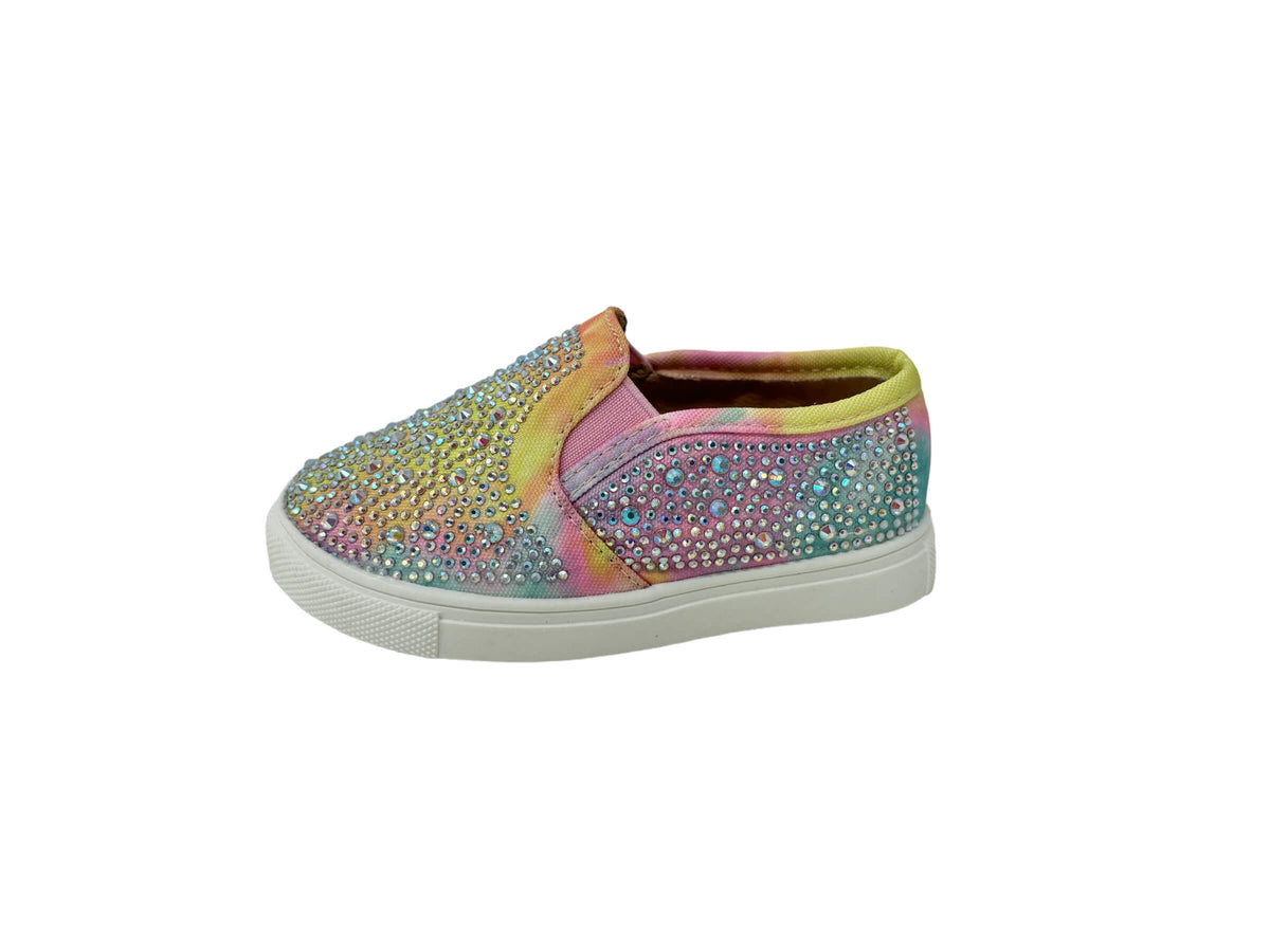 kids shoes made with canvas and rhinestones that are flat and slip on. Pink tie dye