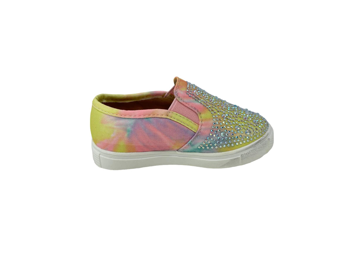 kids shoes made with canvas and rhinestones that are flat and slip on. Pink tie dye