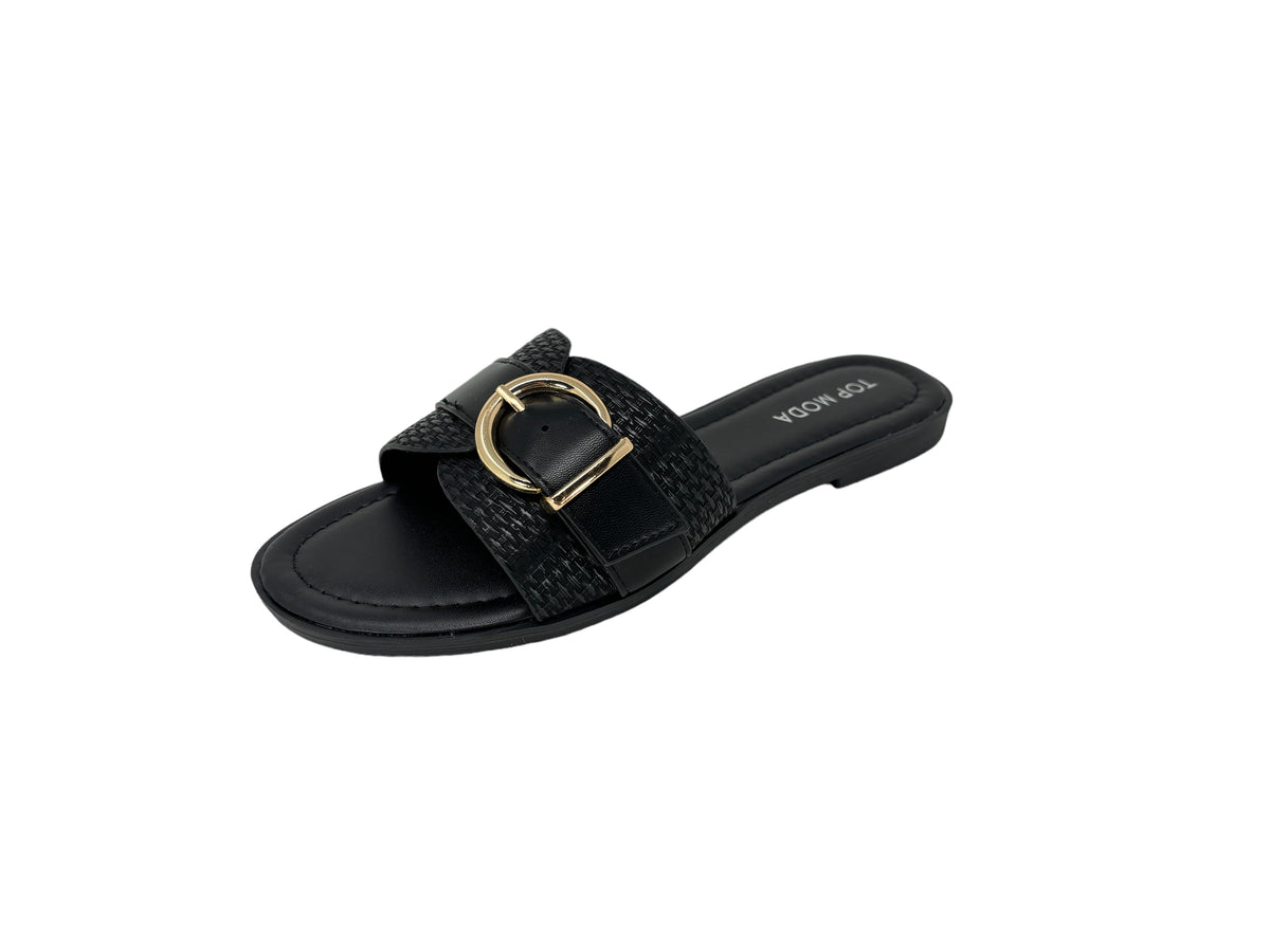 &quot;Women&#39;s black open toe buckle flat slide sandals, chic and comfortable footwear for summer and casual outings.&quot;