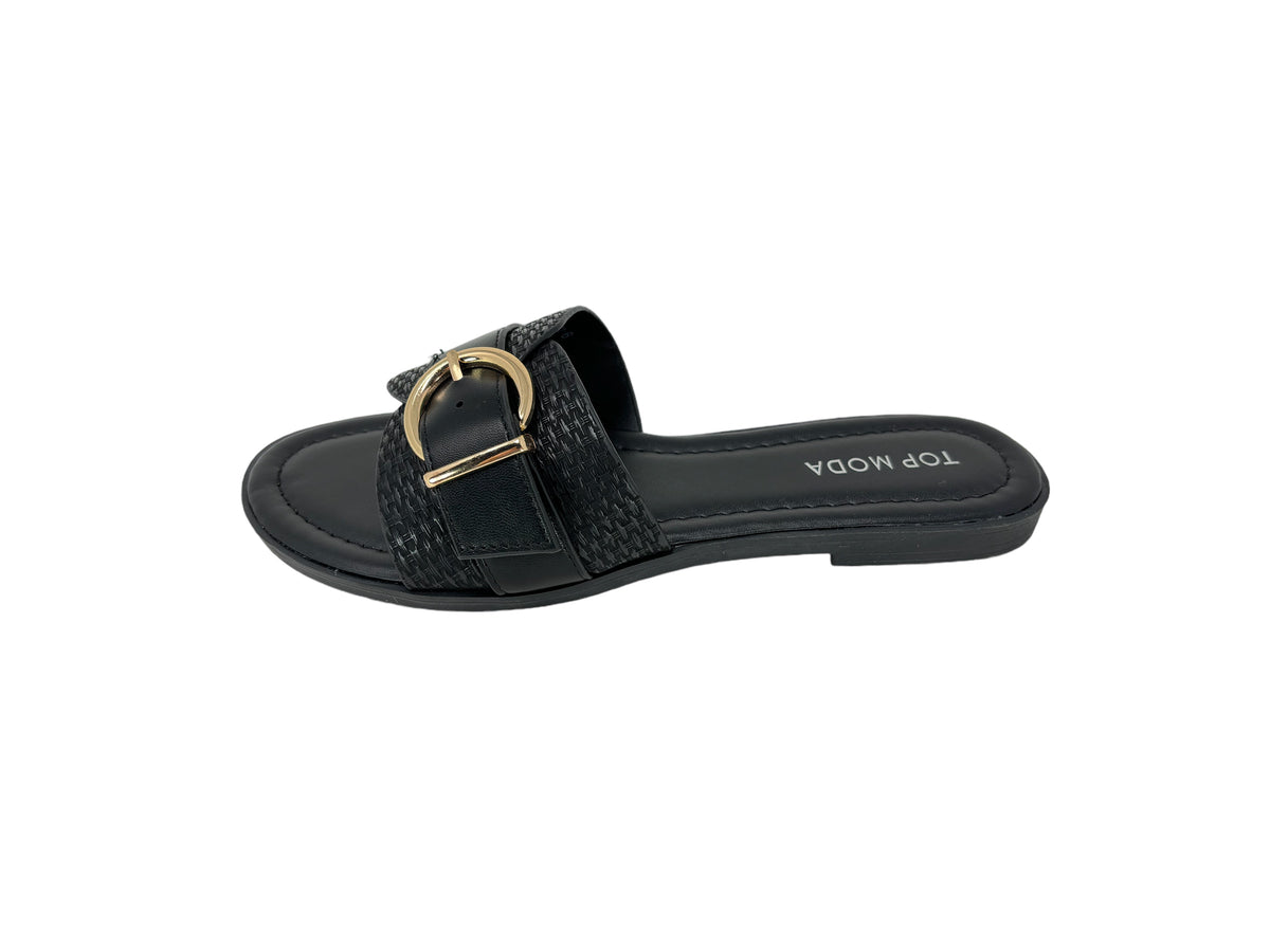 &quot;Women&#39;s black open toe buckle flat slide sandals, chic and comfortable footwear for summer and casual outings.&quot;