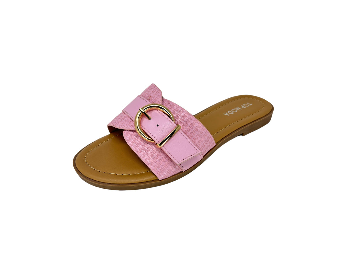 &quot;Women&#39;s pink open toe buckle flat slide sandals, trendy and comfortable footwear perfect for summer and casual wear.&quot;