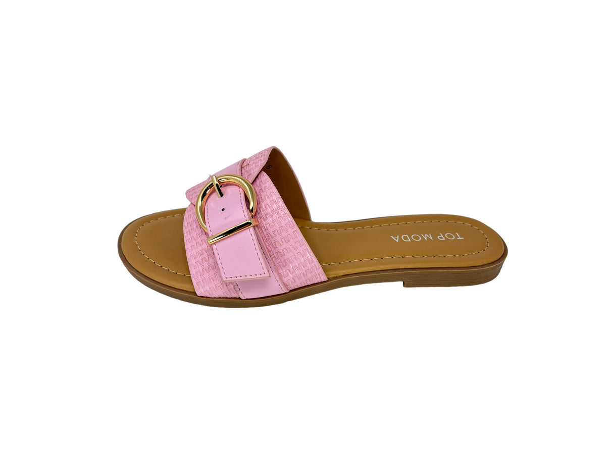 &quot;Women&#39;s pink open toe buckle flat slide sandals, trendy and comfortable footwear perfect for summer and casual wear.&quot;