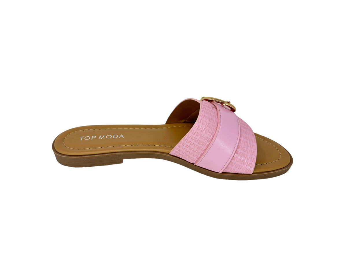 &quot;Women&#39;s pink open toe buckle flat slide sandals, trendy and comfortable footwear perfect for summer and casual wear.&quot;