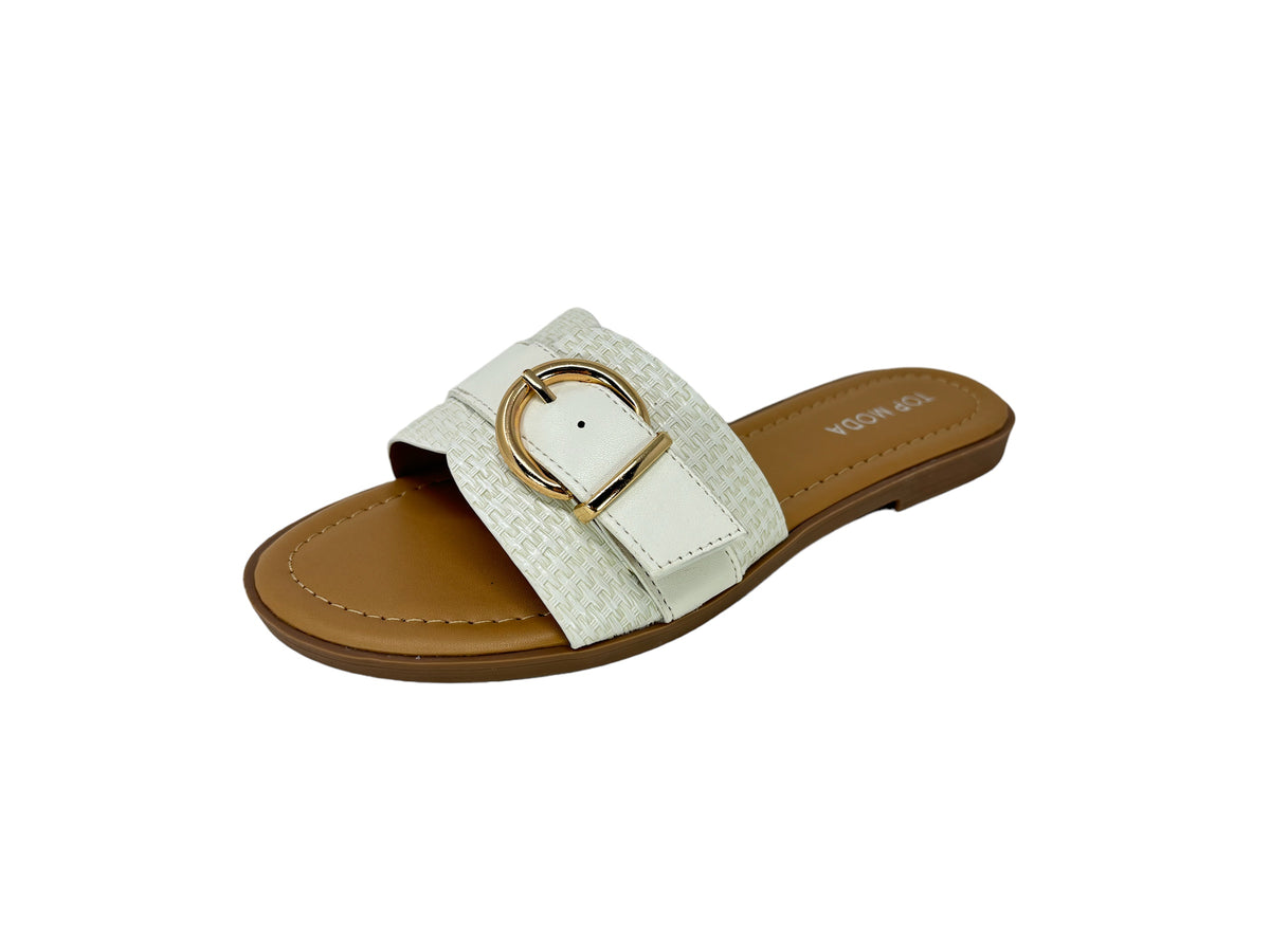 &quot;Women&#39;s white open toe buckle flat slide sandals, classic and versatile footwear ideal for summer and everyday casual looks.&quot;