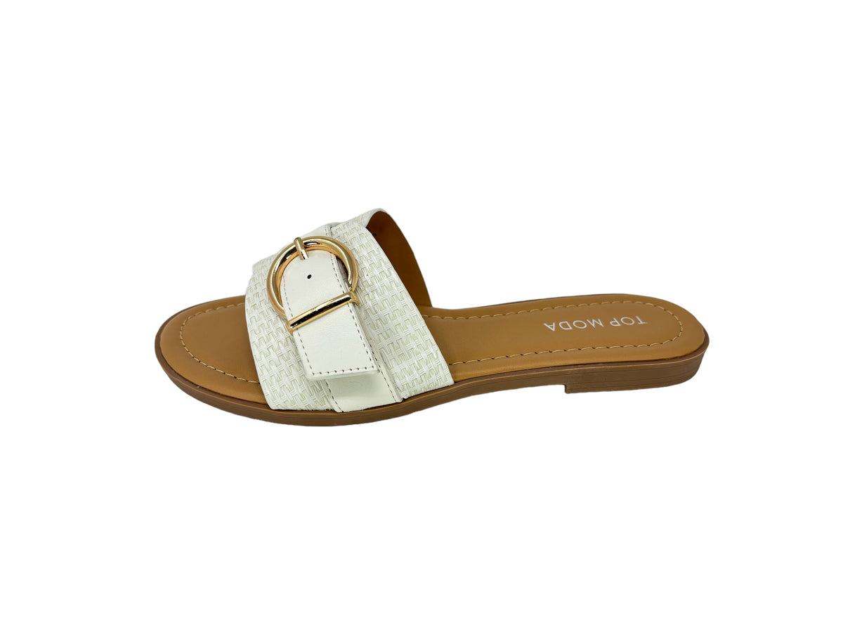 &quot;Women&#39;s white open toe buckle flat slide sandals, classic and versatile footwear ideal for summer and everyday casual looks.&quot;