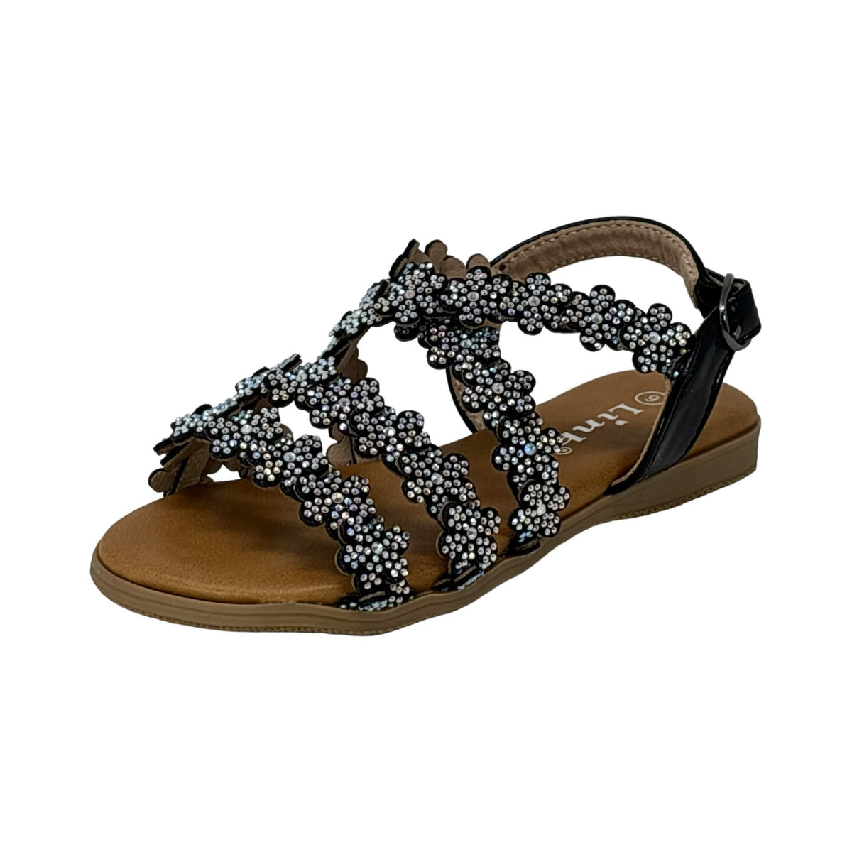 Little Girls Open Toe Sandals With Rhinestone Flower Accents Buckle Up Straps Black