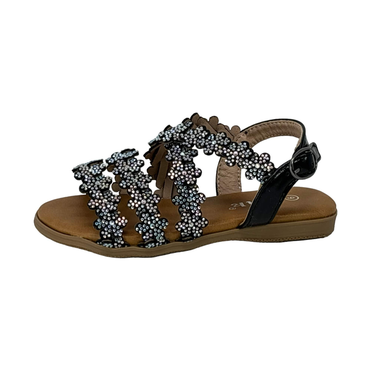 Little Girls Open Toe Sandals With Rhinestone Flower Accents Buckle Up Straps Black 