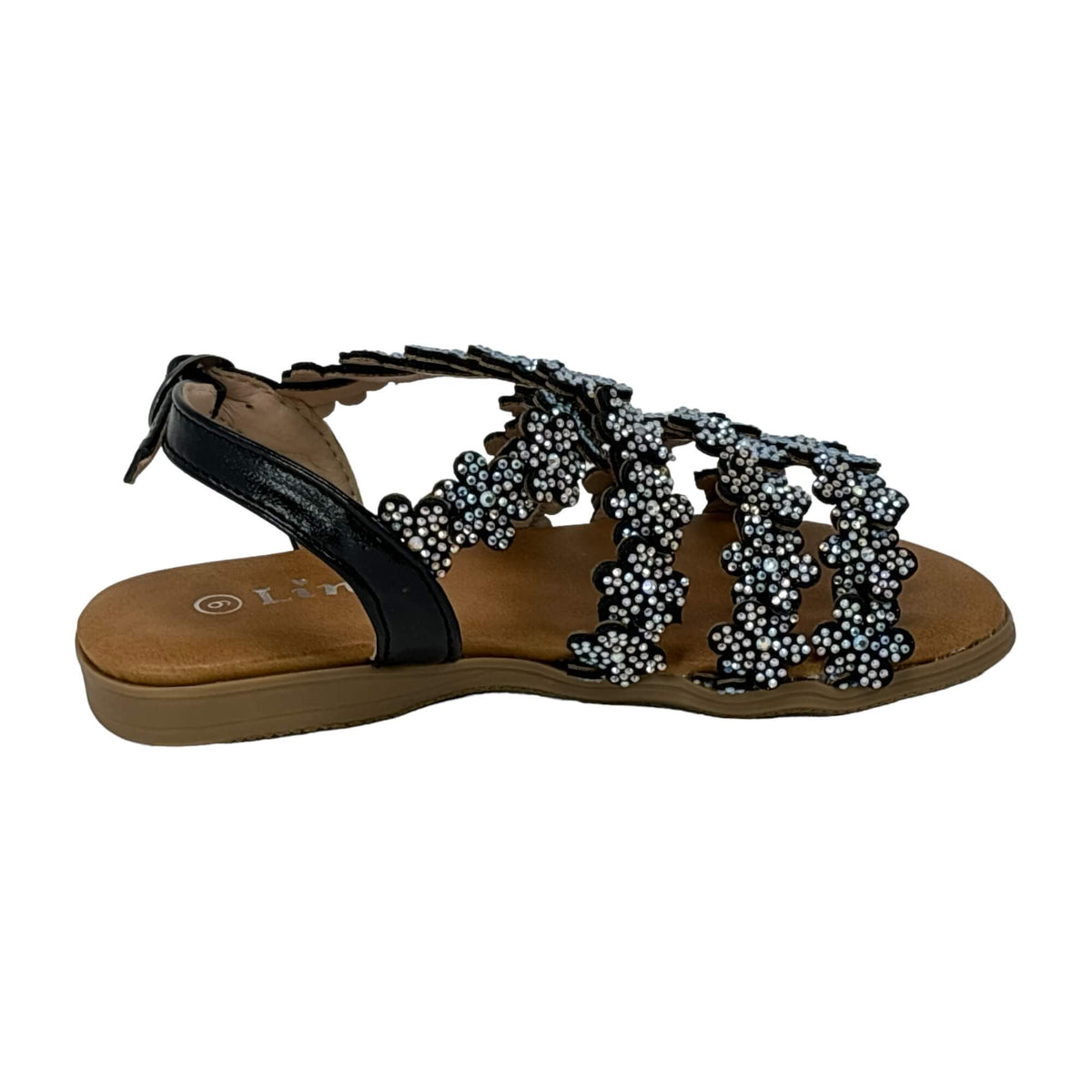 Little Girls Open Toe Sandals With Rhinestone Flower Accents Buckle Up Straps Black