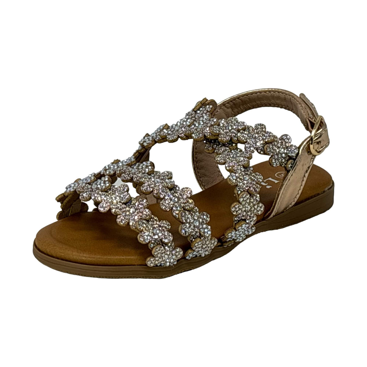 Little Girls Open Toe Sandals With Rhinestone Flower Accents Buckle Up Straps Rose Gold