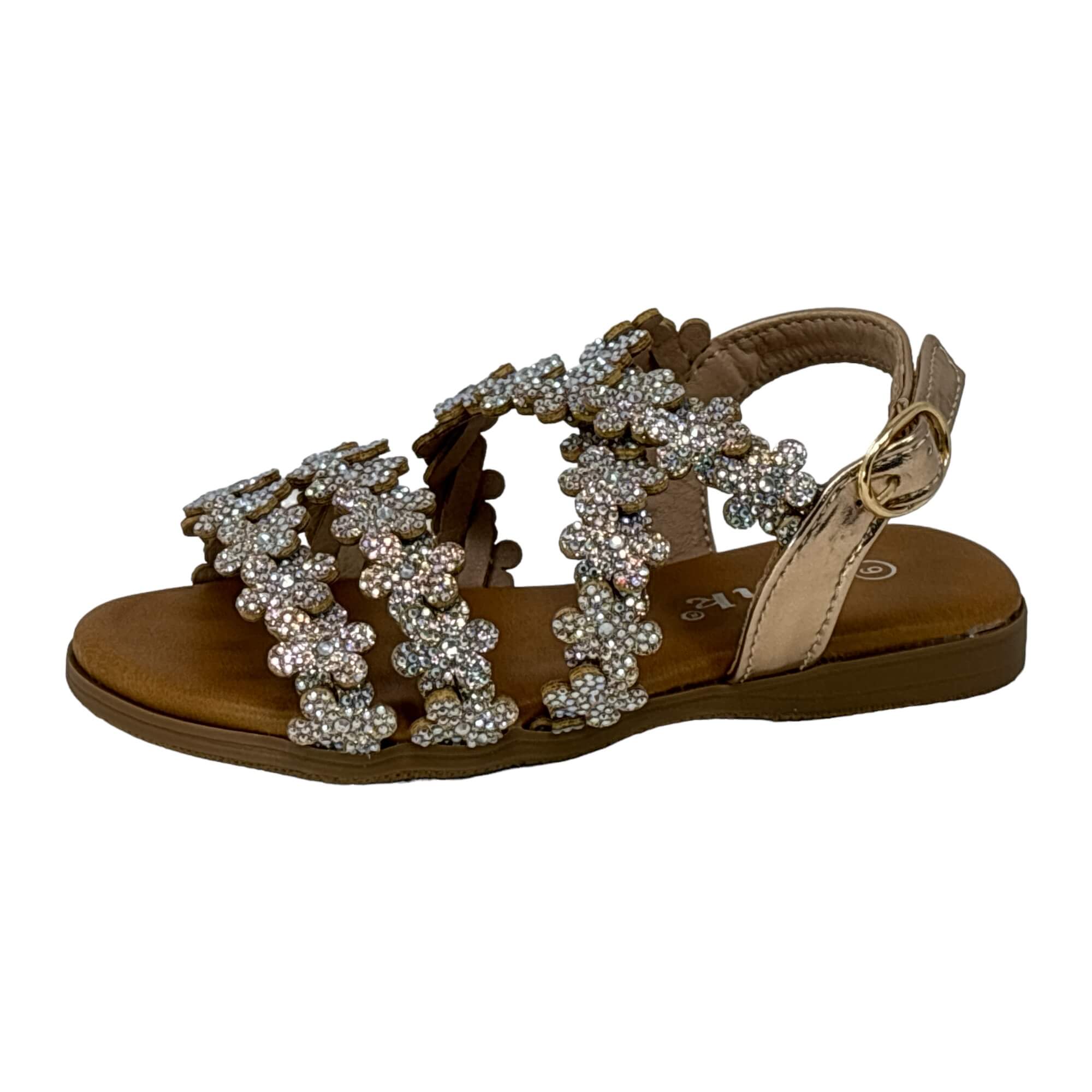 Little Girls Open Toe Sandals With Rhinestone Flower Accents Buckle Up Straps Rose Gold