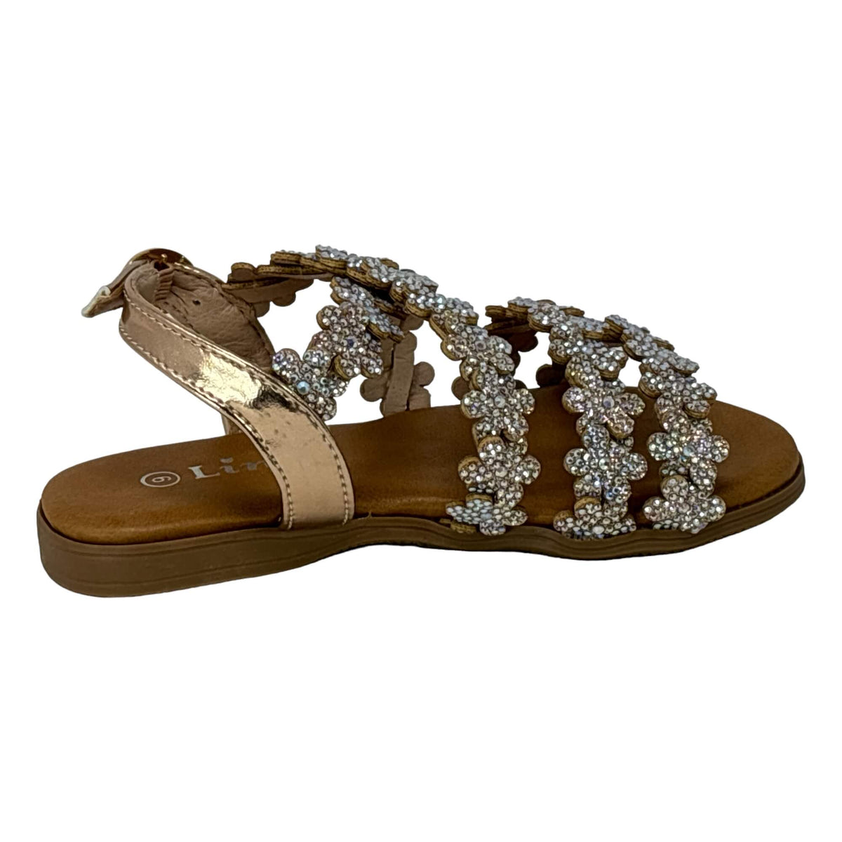 Little Girls Open Toe Sandals With Rhinestone Flower Accents Buckle Up Straps Rose Gold