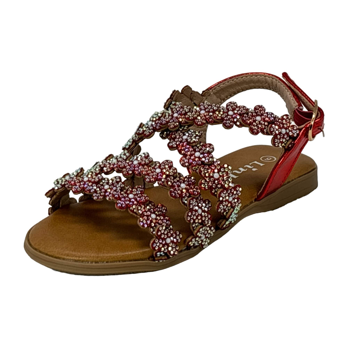 Little Girls Open Toe Sandals With Rhinestone Flower Accents Buckle Up Straps Red