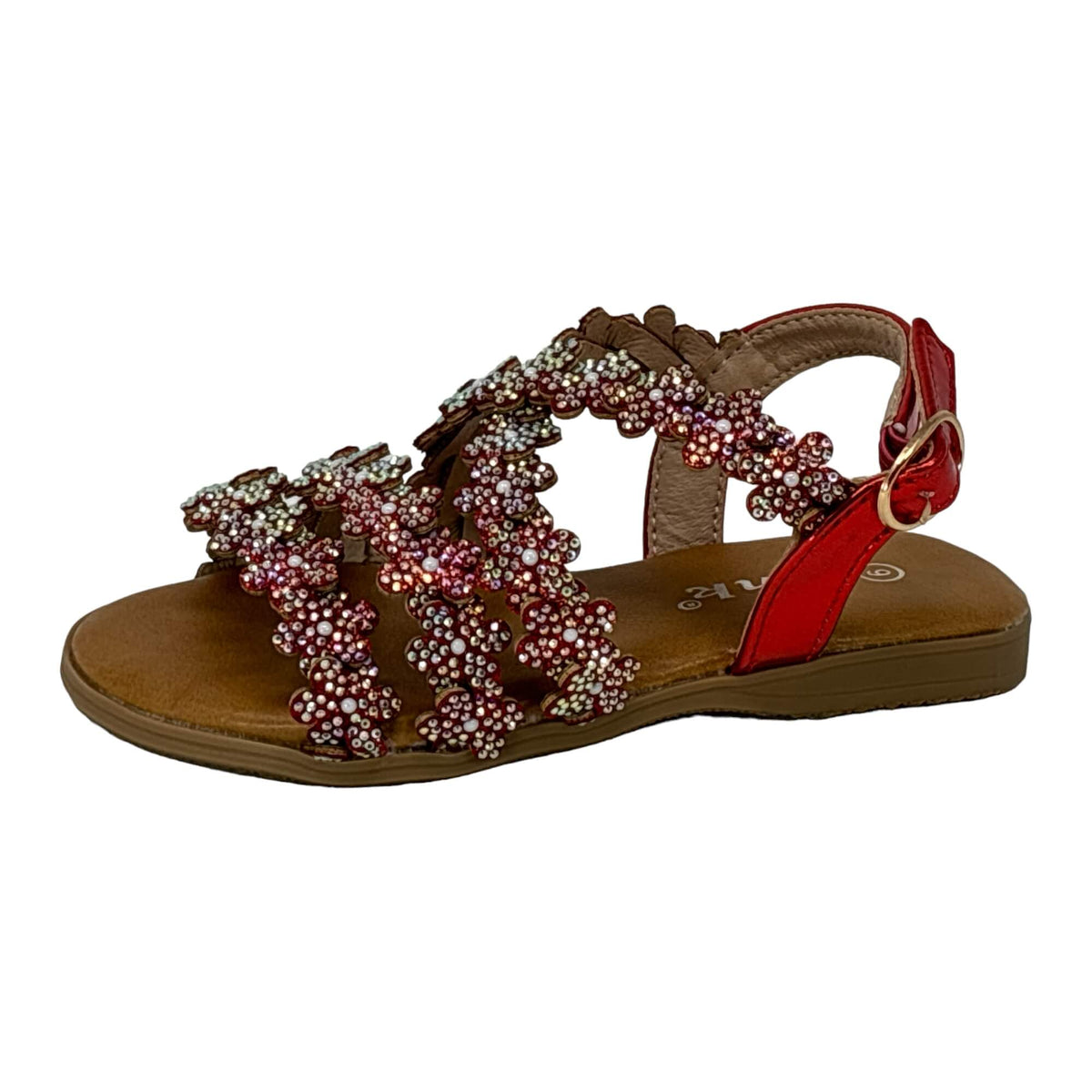 Little Girls Open Toe Sandals With Rhinestone Flower Accents Buckle Up Straps Red