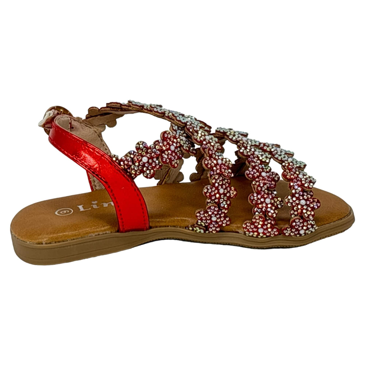 Little Girls Open Toe Sandals With Rhinestone Flower Accents Buckle Up Straps Red