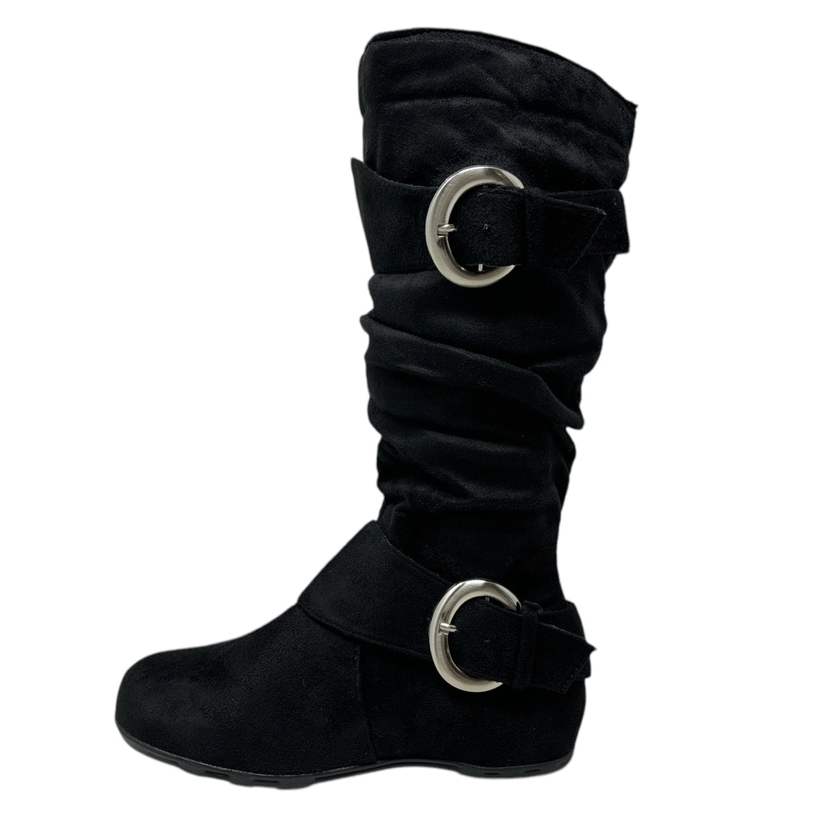 Women&#39;s Round Toe Buckle Slouch Flat Heel Mid-Calf Boot