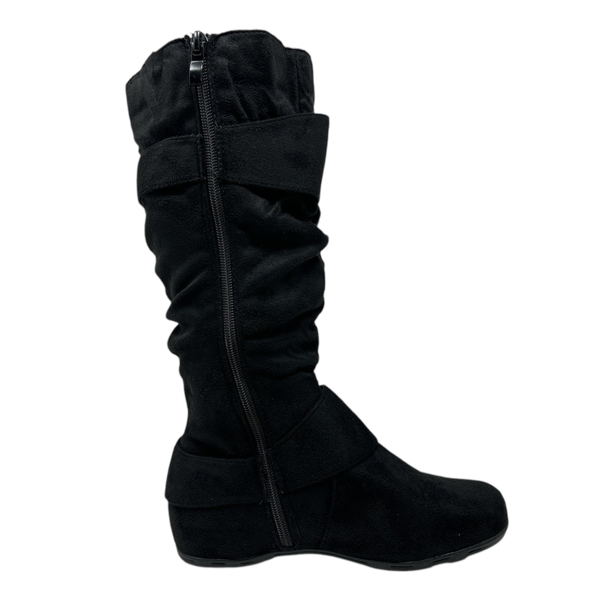 Women&#39;s Round Toe Buckle Slouch Flat Heel Mid-Calf Boot