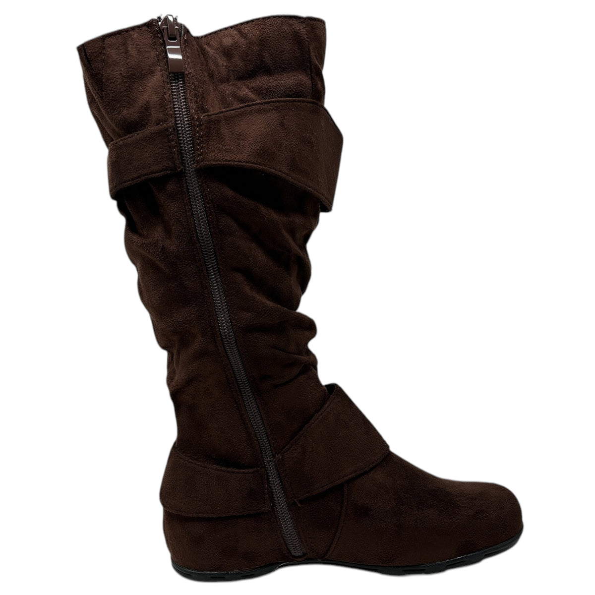 Women&#39;s Round Toe Buckle Slouch Flat Heel Mid-Calf Boot