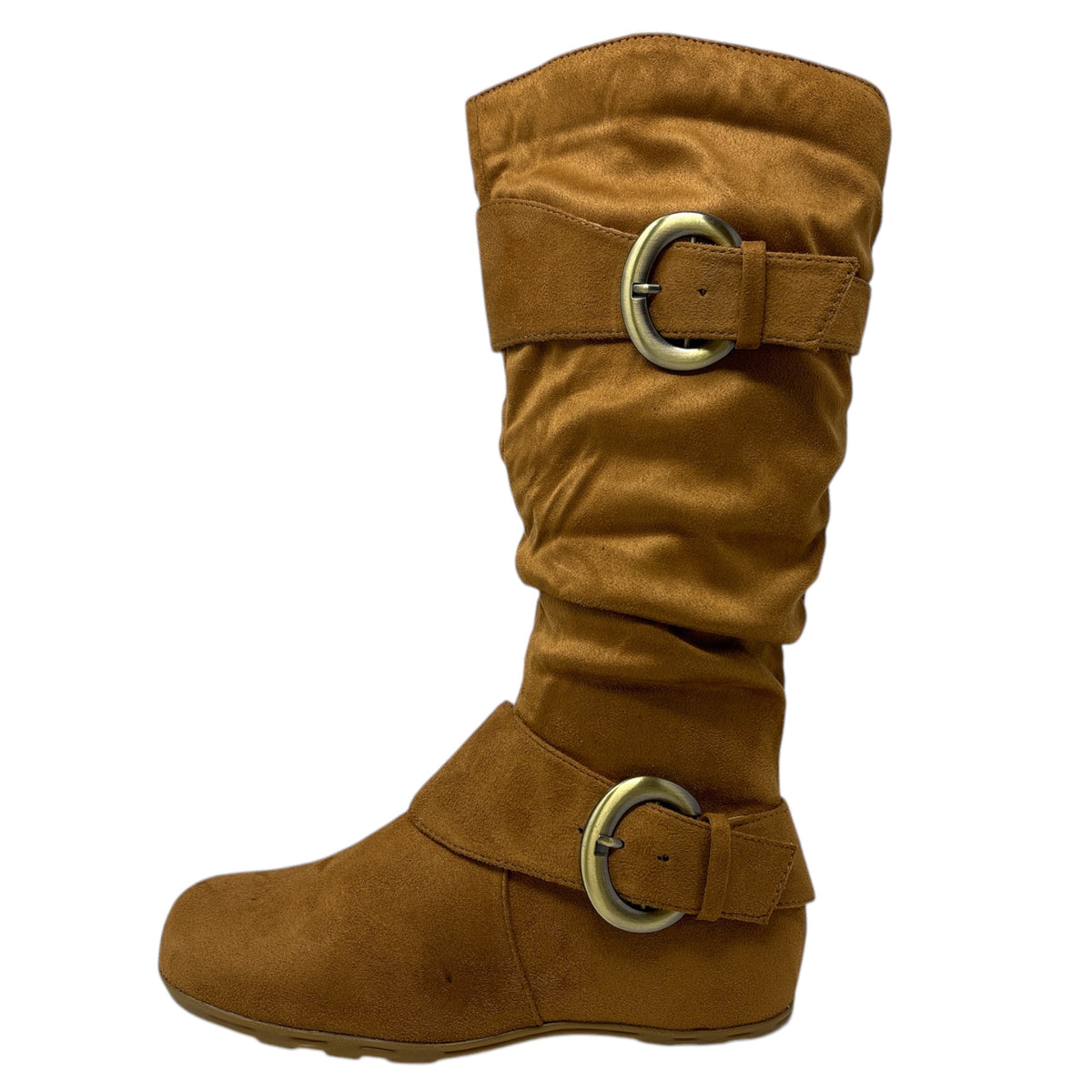 Women&#39;s Round Toe Buckle Slouch Flat Heel Mid-Calf Boot