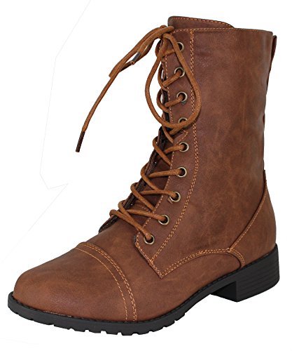 Forever Link Womens Round Toe Military Lace up Knit Ankle Cuff Low Heel  Combat Boots