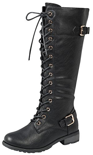 Forever Link Women&#39;s Strappy Lace-Up Knee High Combat Stacked Heel Boot Black