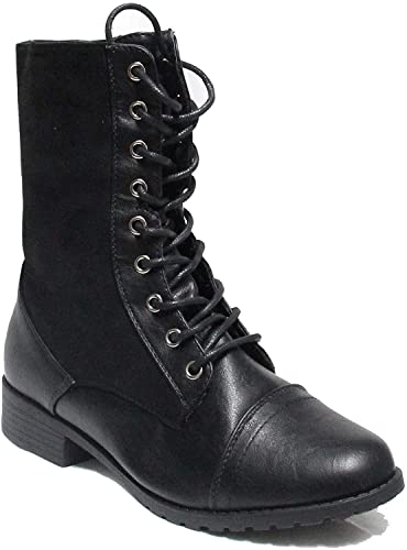 Forever Link Womens Round Toe Military Lace up Knit Ankle Cuff Low Heel Combat Boots