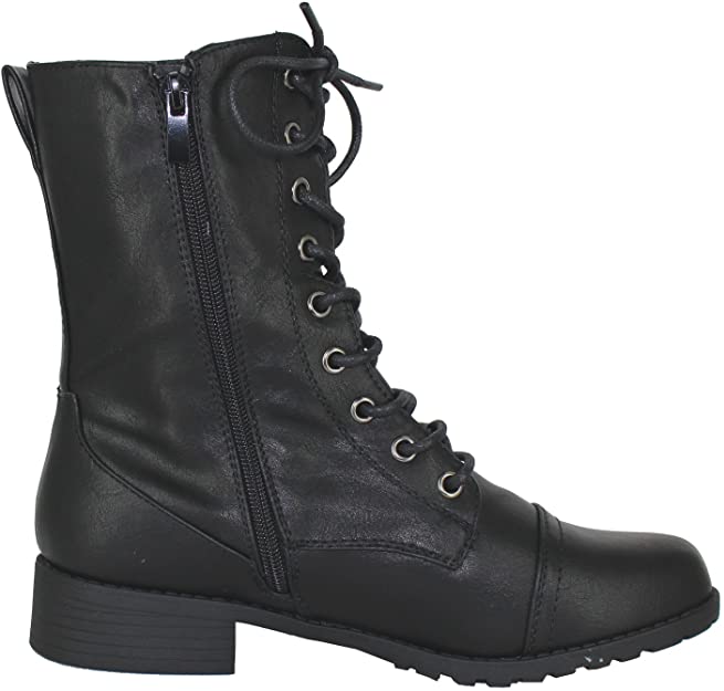 Forever Link Womens Round Toe Military Lace up Knit Ankle Cuff Low Heel Combat Boots