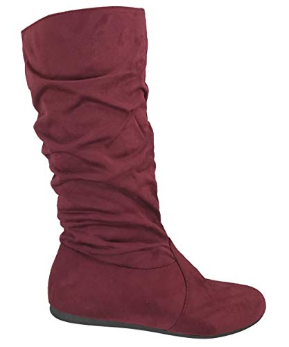 Women&#39;s Burgundy faux suedeSoft Slouchy Flat to Low Heel Under Knee High slouch boot