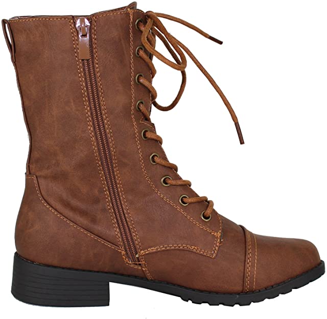 Forever Link Womens Round Toe Military Lace up Knit Ankle Cuff Low Heel Combat Boots