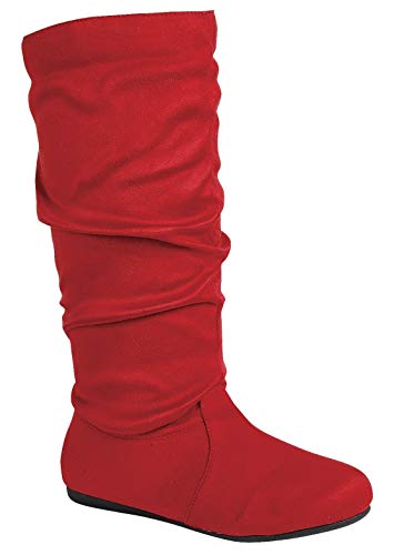 Women&#39;s red faux suedeSoft Slouchy Flat to Low Heel Under Knee High slouch boot