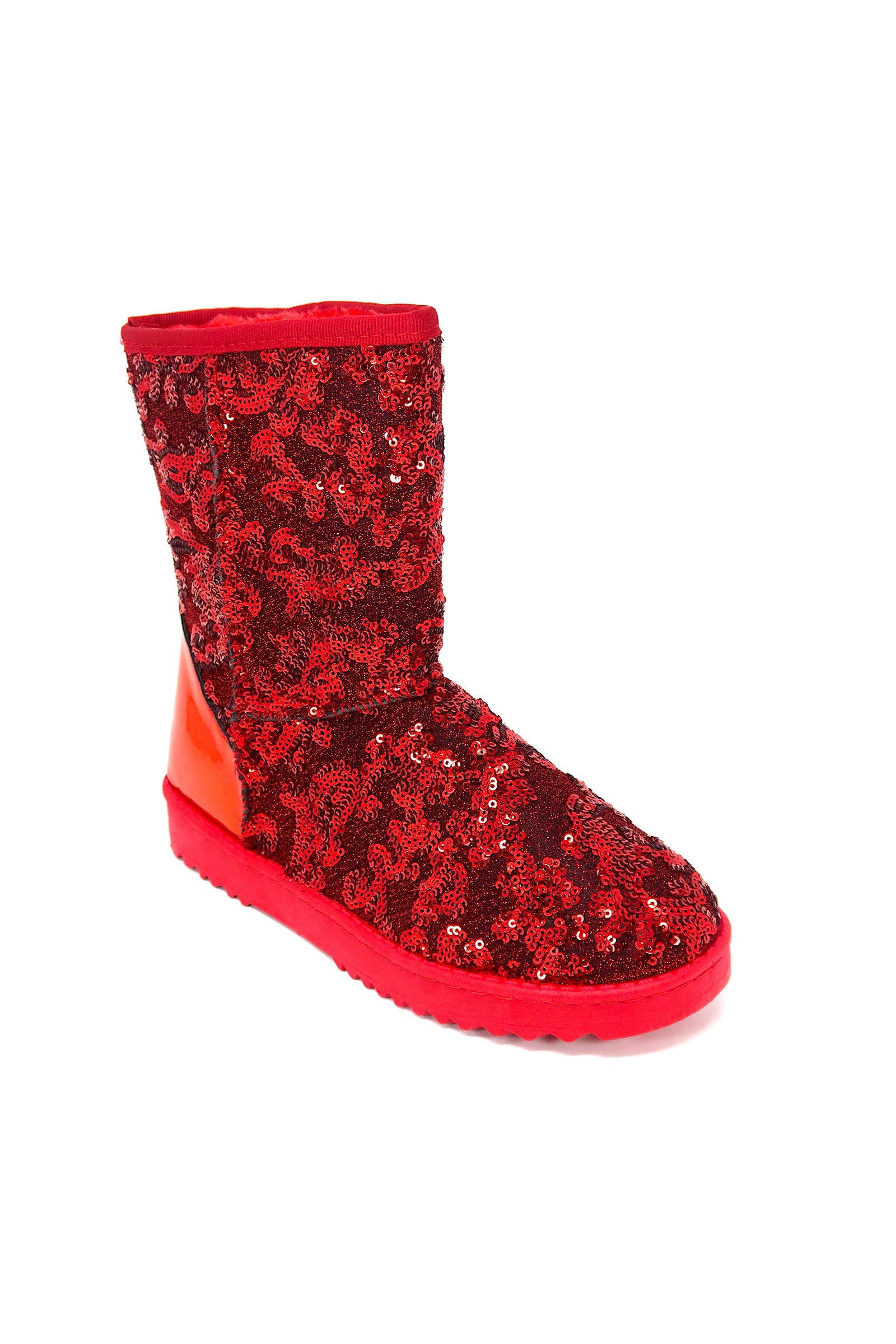 Bling Women's Sequin Faux Fur Shearling Boots Red