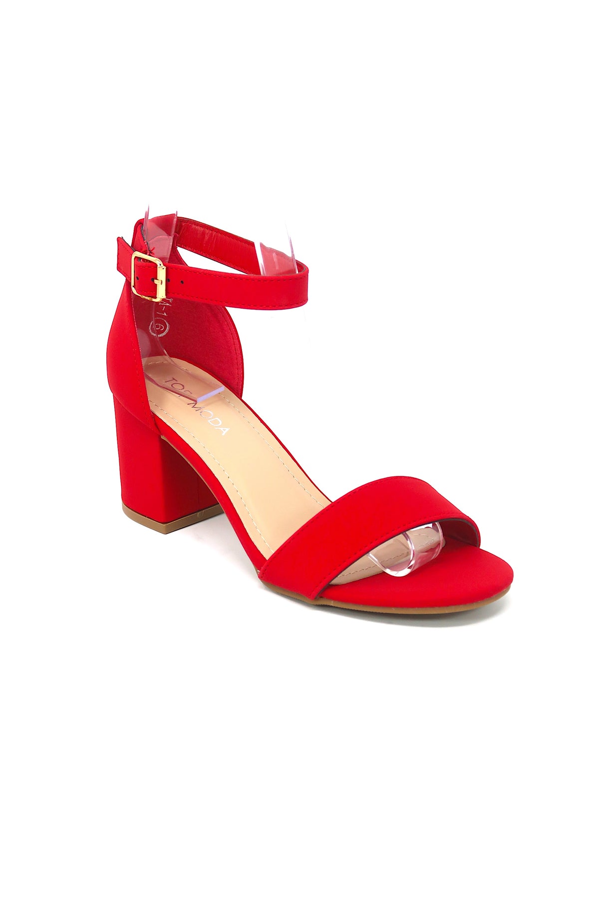 Women&#39;s Classic Low Block Heel Pumps With Ankle strap And Buckle Red