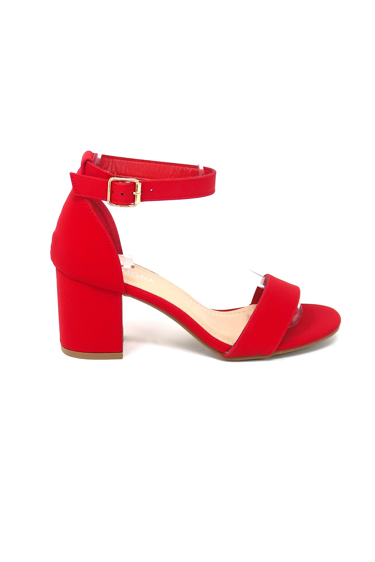 Women&#39;s Classic Low Block Heel Pumps With Ankle strap And Buckle Red