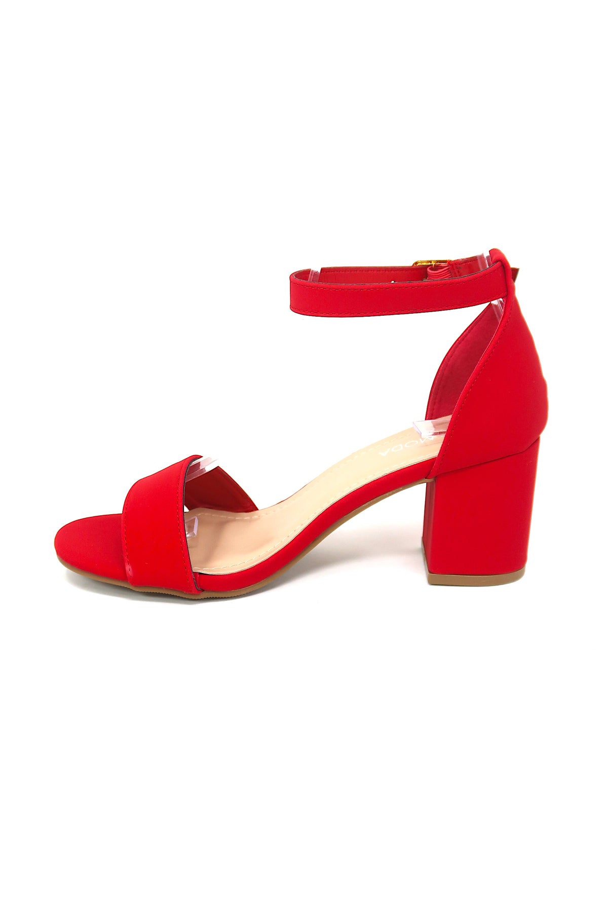 Women&#39;s Classic Low Block Heel Pumps With Ankle strap And Buckle Red