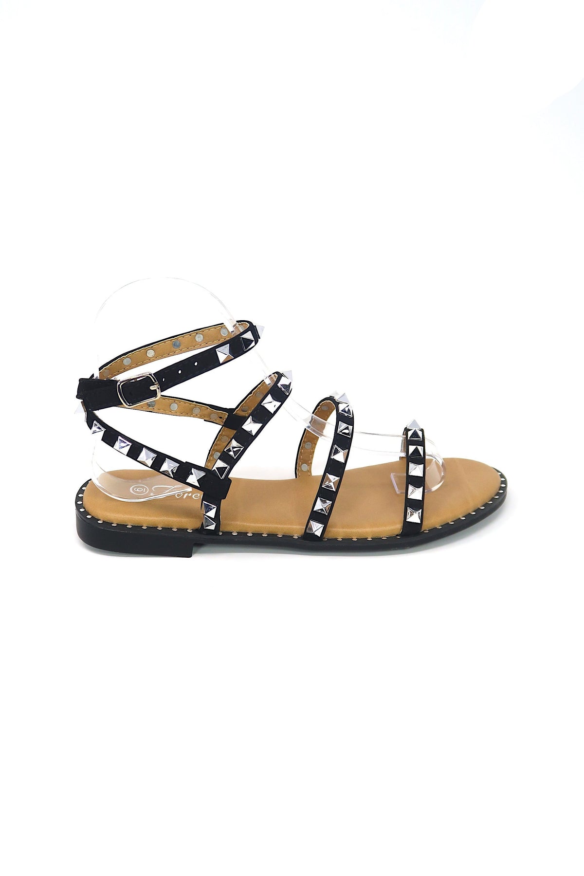 Women&#39;s Studded Ankle Strap Flat Buckle up Gladiator Sandals Black