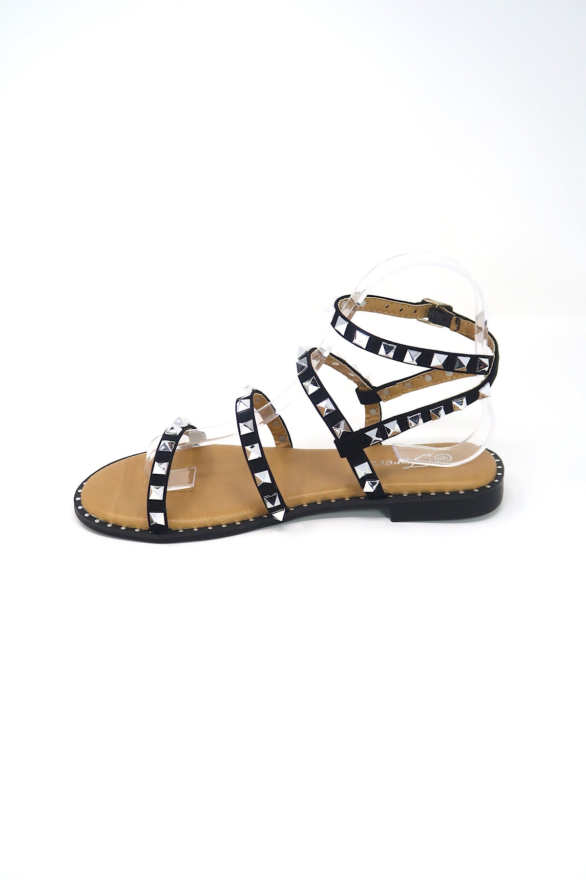 Women&#39;s Studded Ankle Strap Flat Buckle up Gladiator Sandals Black