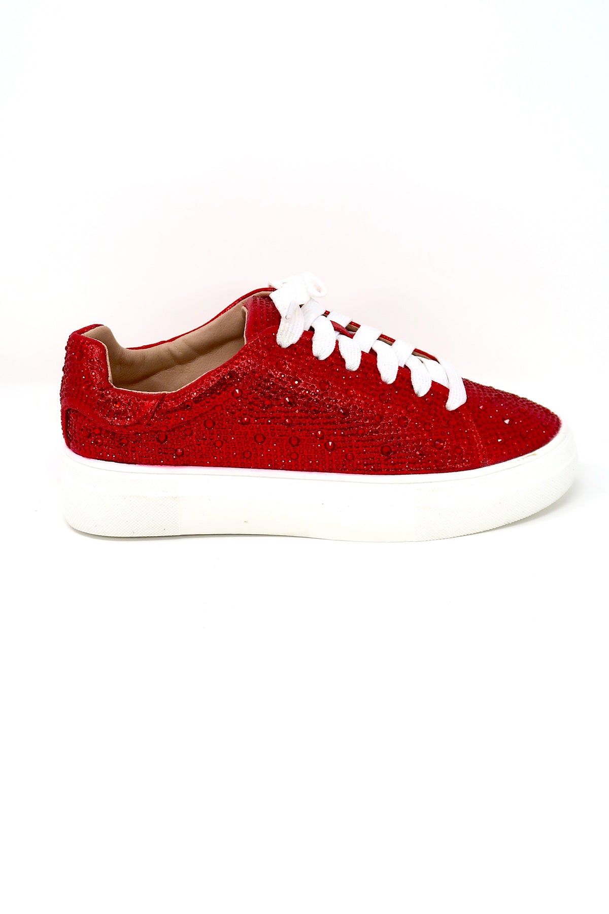 Women&#39;s Rhinestone Flat Bling Sneakers Red