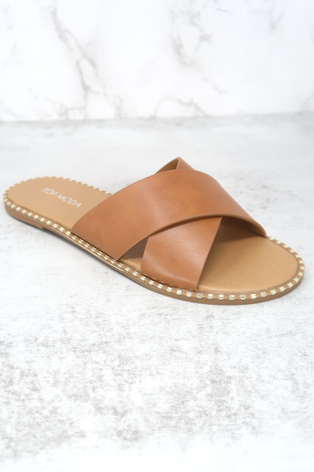 Women Open Toe Flat Fashion Cross Strap Sandals Tan