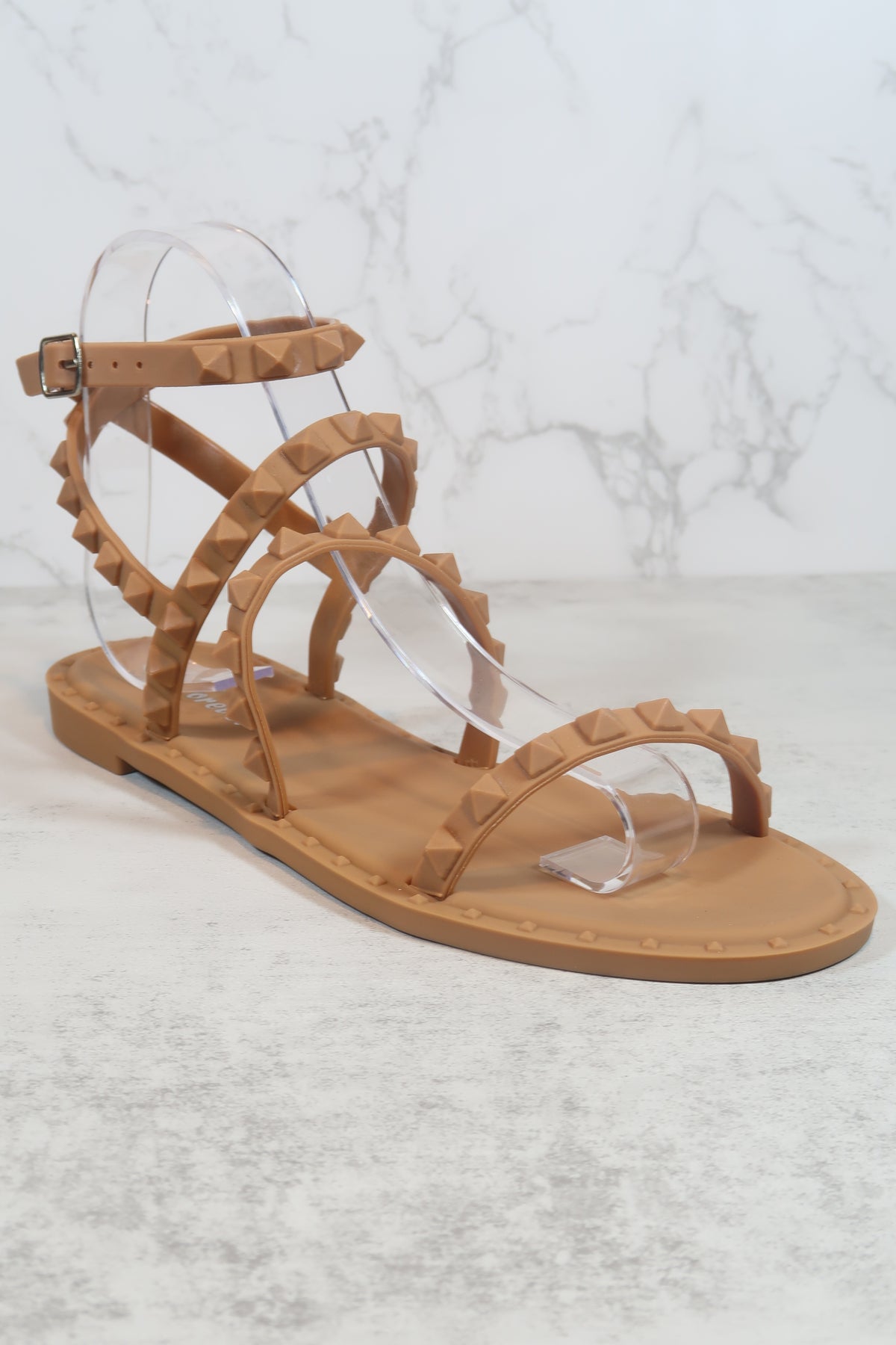 Women&#39;s Solid Color Studded Ankle Strap Flat Buckle up Gladiator Sandals