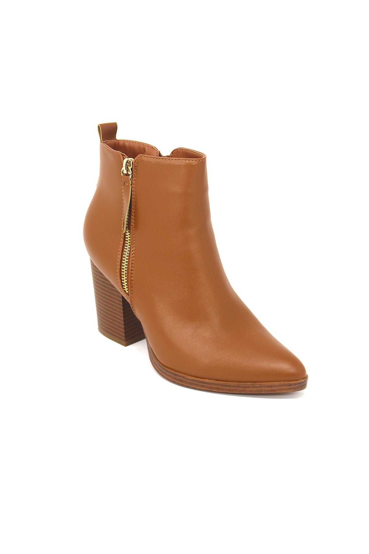 Top Moda Women&#39;s Zip up Stacked Low Heel Ankle Booties Tan