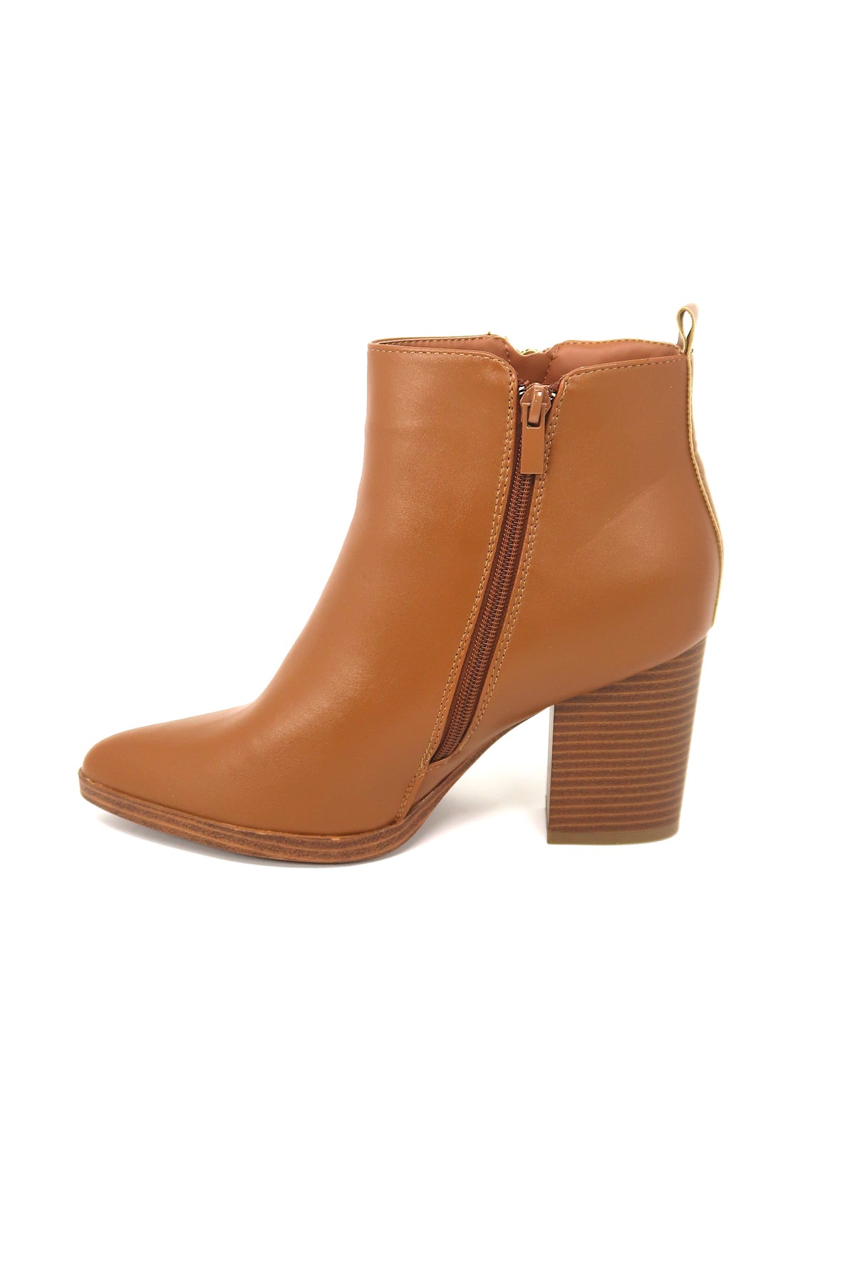 Top Moda Women&#39;s Zip up Stacked Low Heel Ankle Booties Tan