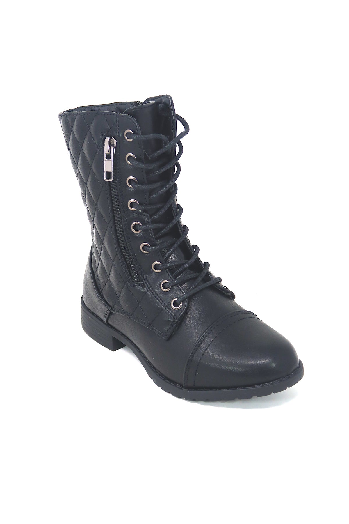 Little Girl&#39;s Lac up &amp; Zip Up Quilted Military Style Combat Boot Black